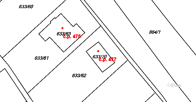 Svatava 477 na parcele st. 633/70 v KÚ Svatava, Katastrální mapa