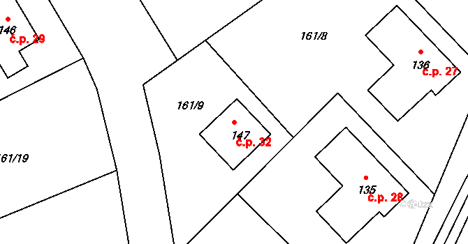 Horní Podhájí 32, Struhařov na parcele st. 147 v KÚ Skalice u Benešova, Katastrální mapa