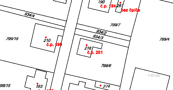 Habartice 201 na parcele st. 216 v KÚ Habartice u Frýdlantu, Katastrální mapa