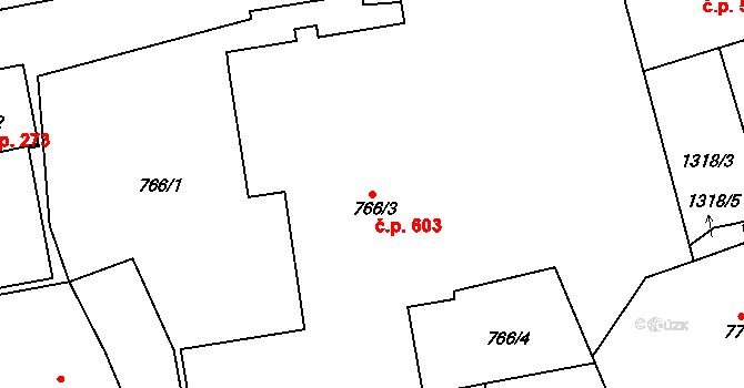 Tuchlovice 603 na parcele st. 766/3 v KÚ Tuchlovice, Katastrální mapa