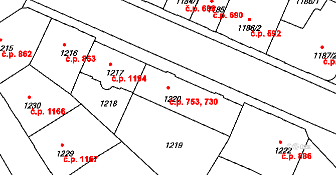 Děčín IV-Podmokly 730,753, Děčín na parcele st. 1220 v KÚ Podmokly, Katastrální mapa