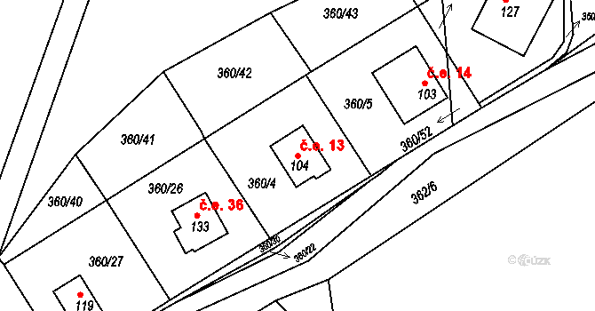 Leletice 13, Hvožďany na parcele st. 104 v KÚ Leletice, Katastrální mapa