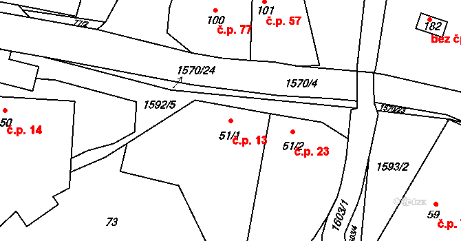 Kladeruby 13 na parcele st. 51/1 v KÚ Kladeruby, Katastrální mapa