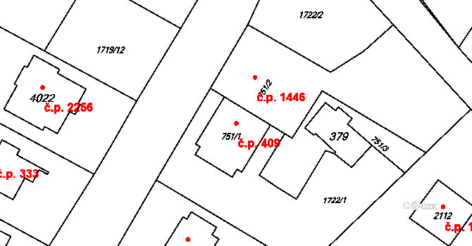 Rožnov pod Radhoštěm 409 na parcele st. 751/1 v KÚ Rožnov pod Radhoštěm, Katastrální mapa