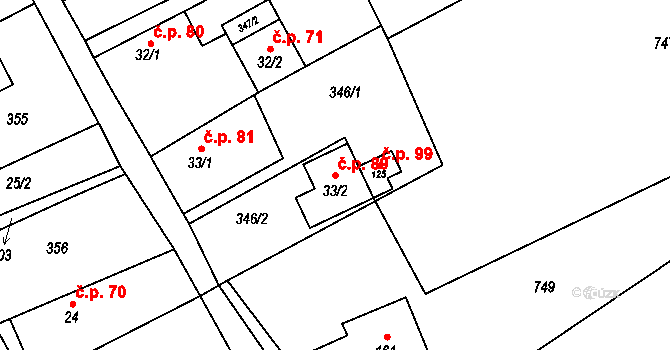 Ohrazenice 89 na parcele st. 33/2 v KÚ Ohrazenice u Jinec, Katastrální mapa