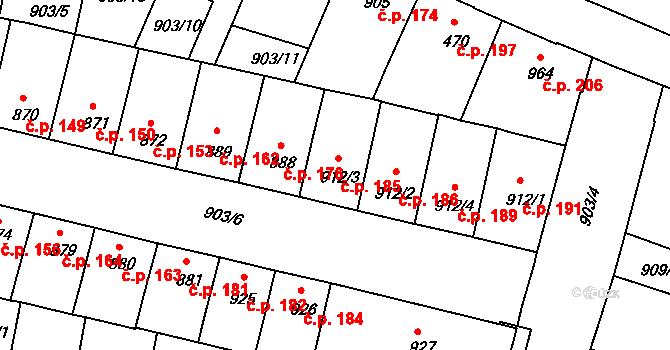 Horka-Domky 185, Třebíč na parcele st. 912/3 v KÚ Třebíč, Katastrální mapa