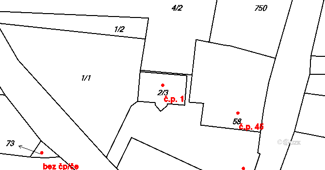 Třeskonice 1, Tuchořice na parcele st. 2/3 v KÚ Třeskonice, Katastrální mapa