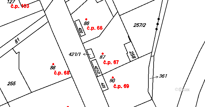 Myslechovice 67, Litovel na parcele st. 87 v KÚ Myslechovice, Katastrální mapa