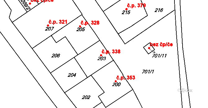 Svatava 338 na parcele st. 203 v KÚ Svatava, Katastrální mapa