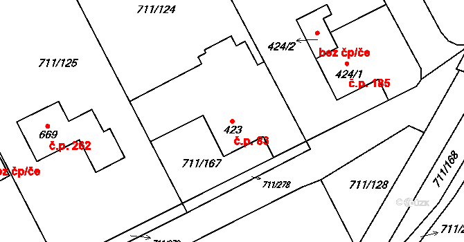 Daliměřice 83, Turnov na parcele st. 423 v KÚ Daliměřice, Katastrální mapa