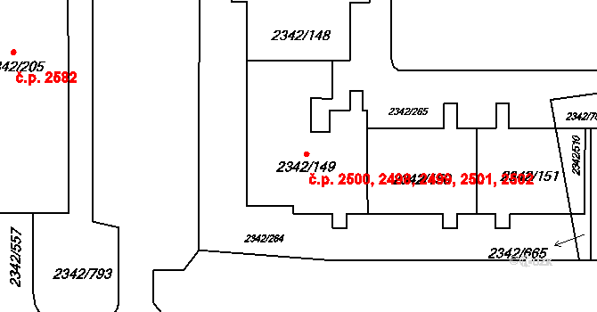 Stodůlky 2498,2499,2500,2501,, Praha na parcele st. 2342/149 v KÚ Stodůlky, Katastrální mapa