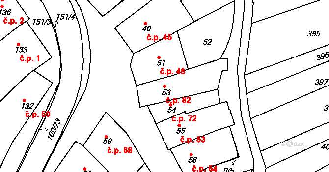 Královopolské Vážany 82, Rousínov na parcele st. 53 v KÚ Královopolské Vážany, Katastrální mapa