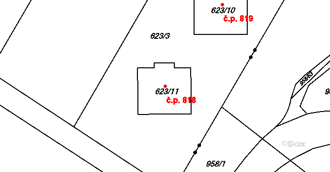Bohnice 818, Praha na parcele st. 623/11 v KÚ Bohnice, Katastrální mapa