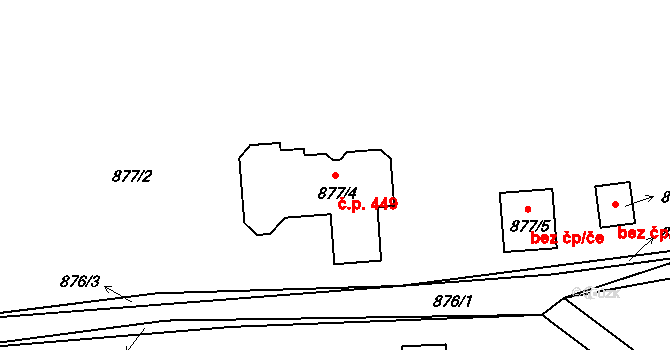 Srubec 449 na parcele st. 877/4 v KÚ Srubec, Katastrální mapa