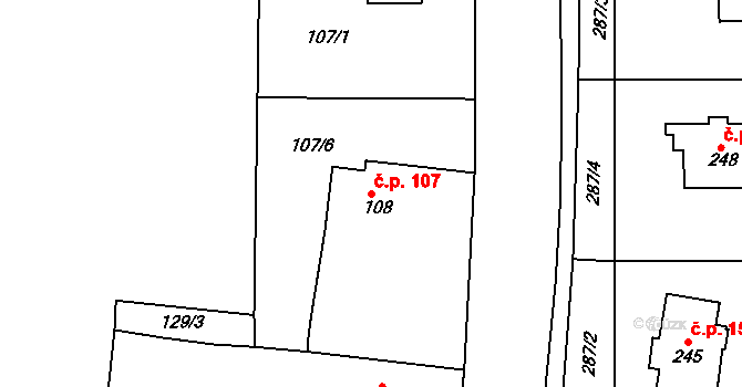 Jabkenice 107 na parcele st. 108 v KÚ Jabkenice, Katastrální mapa
