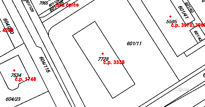 Kroměříž 3338 na parcele st. 7728 v KÚ Kroměříž, Katastrální mapa