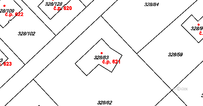 Krmelín 621 na parcele st. 328/83 v KÚ Krmelín, Katastrální mapa