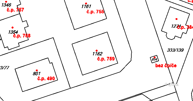 Přímětice 759, Znojmo na parcele st. 1182 v KÚ Přímětice, Katastrální mapa