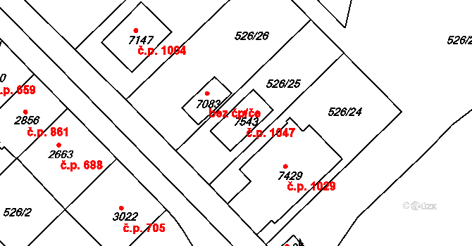 Borovina 1047, Třebíč na parcele st. 7543 v KÚ Třebíč, Katastrální mapa
