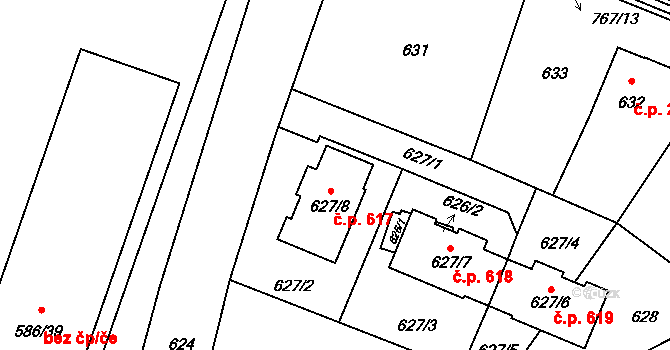 Poříčí 617, Boršov nad Vltavou na parcele st. 627/8 v KÚ Boršov nad Vltavou, Katastrální mapa