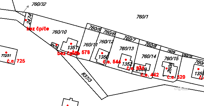 Pikovice 544, Hradištko na parcele st. 1350 v KÚ Hradištko pod Medníkem, Katastrální mapa