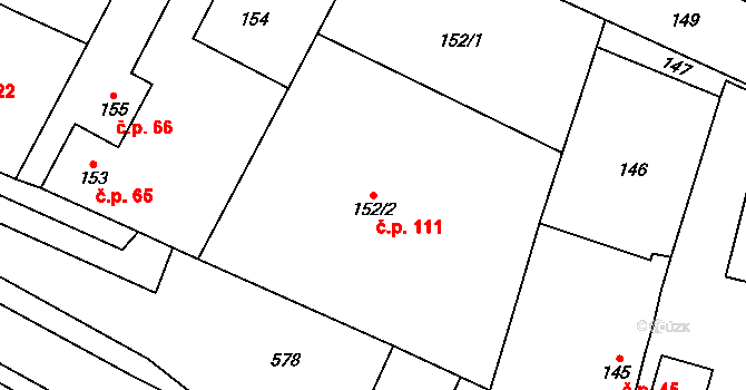 Kladruby nad Labem 111 na parcele st. 152/2 v KÚ Kladruby nad Labem, Katastrální mapa
