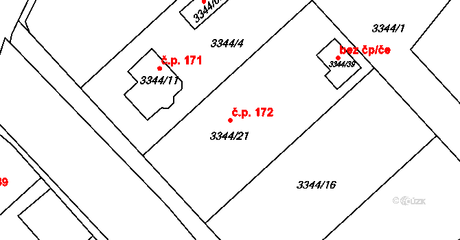 Loděnice 172 na parcele st. 3344/21 v KÚ Loděnice u Moravského Krumlova, Katastrální mapa