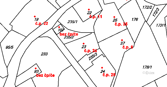 Bohdašín 24, Červený Kostelec na parcele st. 23 v KÚ Bohdašín nad Olešnicí, Katastrální mapa
