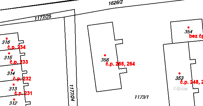 Prostřední Lánov 264,265, Lánov na parcele st. 356 v KÚ Prostřední Lánov, Katastrální mapa