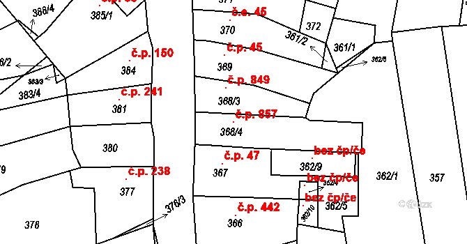 Drnovice 857 na parcele st. 368/4 v KÚ Drnovice u Vyškova, Katastrální mapa