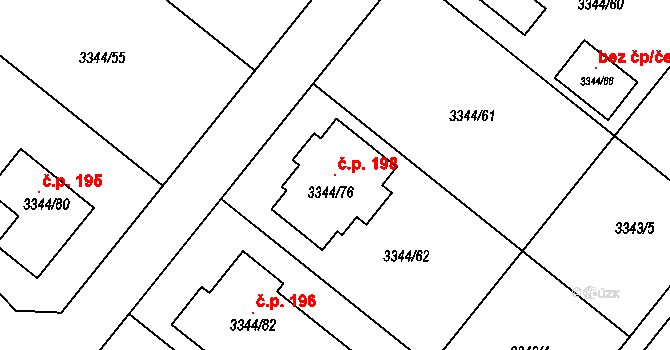 Loděnice 198 na parcele st. 3344/76 v KÚ Loděnice u Moravského Krumlova, Katastrální mapa