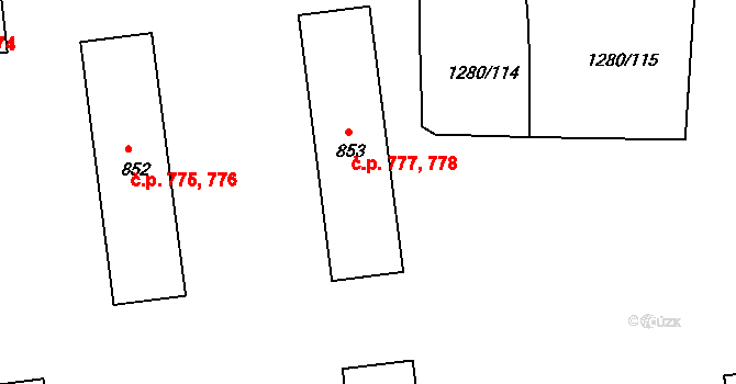 Dobřany 777,778 na parcele st. 853 v KÚ Dobřany, Katastrální mapa