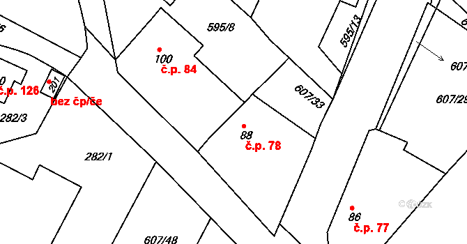 Střížov 78, Brtnice na parcele st. 88 v KÚ Střížov, Katastrální mapa