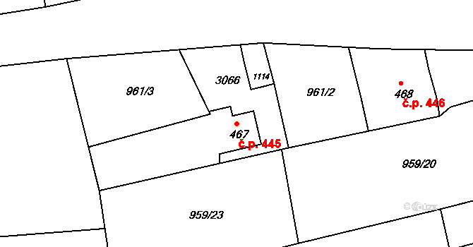 Luby 445 na parcele st. 467 v KÚ Luby I, Katastrální mapa