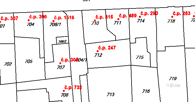 Švermov 247, Kladno na parcele st. 712 v KÚ Motyčín, Katastrální mapa