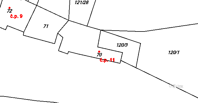 Běchary 11 na parcele st. 70 v KÚ Běchary, Katastrální mapa