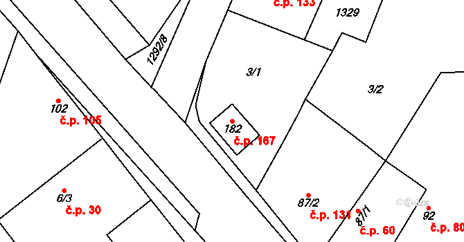 Krchleby 167 na parcele st. 182 v KÚ Krchleby u Nymburka, Katastrální mapa
