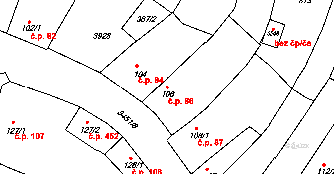 Lysá nad Labem 86 na parcele st. 106 v KÚ Lysá nad Labem, Katastrální mapa