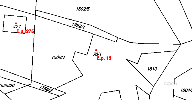 Mikulůvka 12 na parcele st. 70/1 v KÚ Mikulůvka, Katastrální mapa