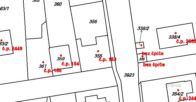 Horní Počernice 153, Praha na parcele st. 355 v KÚ Horní Počernice, Katastrální mapa