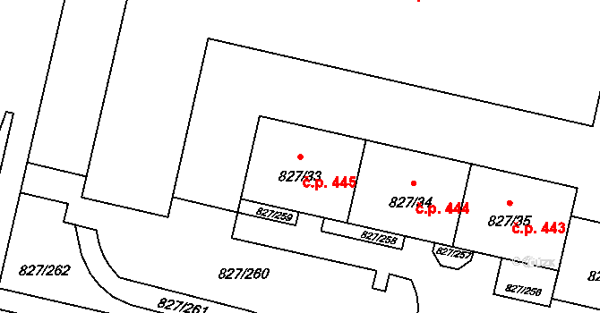 Bohnice 445, Praha na parcele st. 827/33 v KÚ Bohnice, Katastrální mapa
