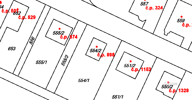 Kyje 898, Praha na parcele st. 554/2 v KÚ Kyje, Katastrální mapa