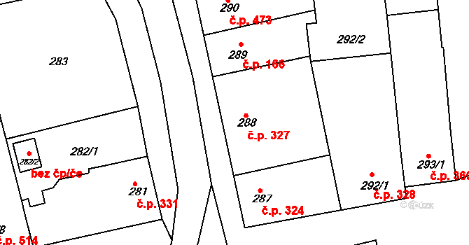 Blučina 327 na parcele st. 288 v KÚ Blučina, Katastrální mapa