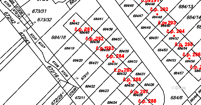 Rozdrojovice 284 na parcele st. 684/36 v KÚ Rozdrojovice, Katastrální mapa