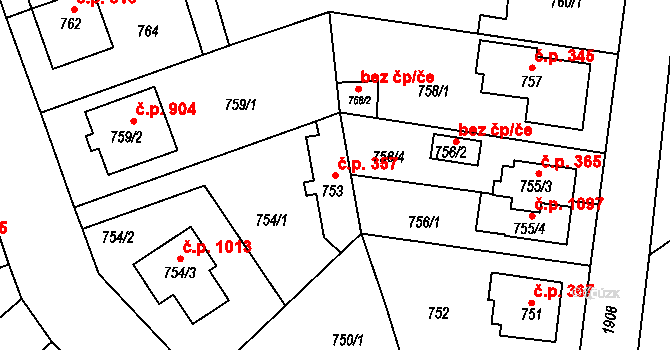 Černice 357, Plzeň na parcele st. 753 v KÚ Bručná, Katastrální mapa