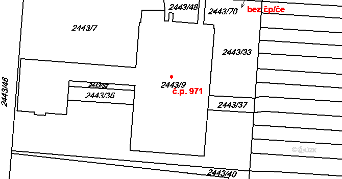Maloměřice 971, Brno na parcele st. 2443/9 v KÚ Maloměřice, Katastrální mapa