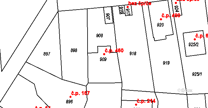 Týnec nad Labem 460 na parcele st. 909 v KÚ Týnec nad Labem, Katastrální mapa