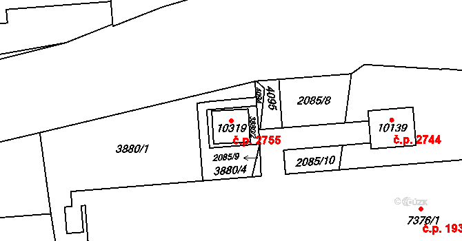 Zelené Předměstí 2755, Pardubice na parcele st. 10319 v KÚ Pardubice, Katastrální mapa