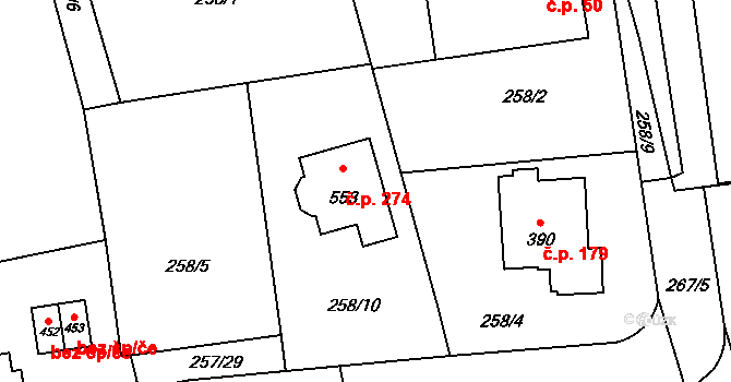 Jíloviště 274 na parcele st. 553 v KÚ Jíloviště, Katastrální mapa