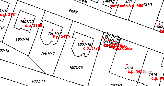 Teplice 3178 na parcele st. 1601/18 v KÚ Teplice, Katastrální mapa